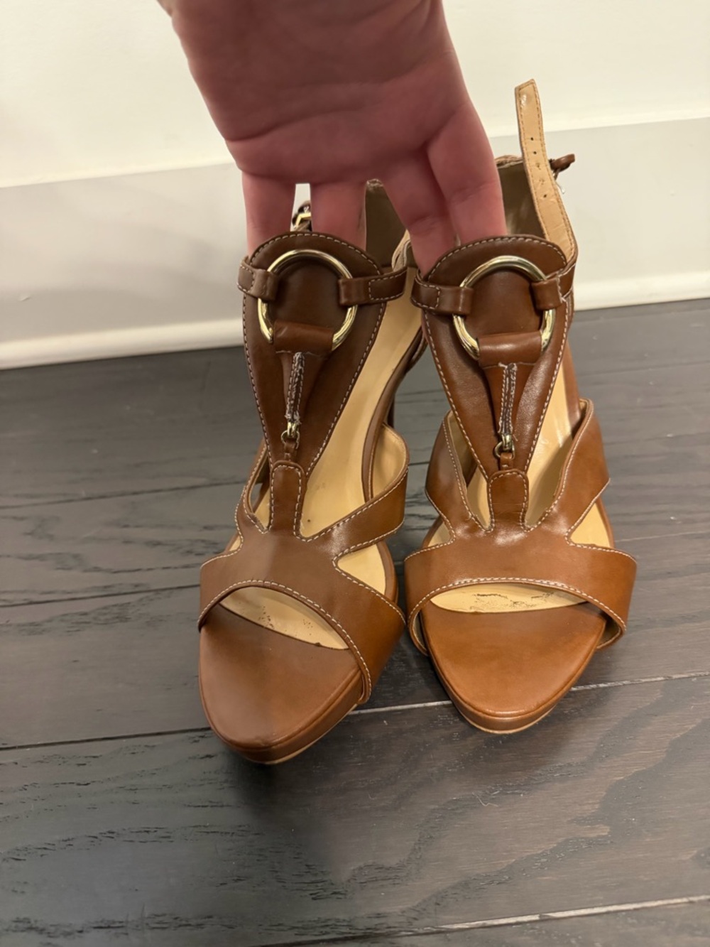 Nine West Brown Leather T-Strap Platform Heels with Gold Rings